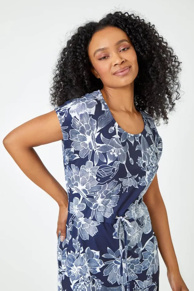 Navy Petite Floral Print Stretch Dress Women Roman Dresses
