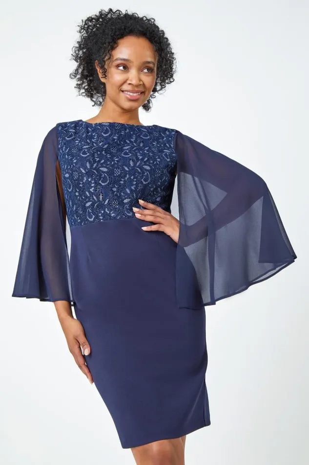 Navy Petite Lace Chiffon Cape Sleeve Dress Women Roman Dresses