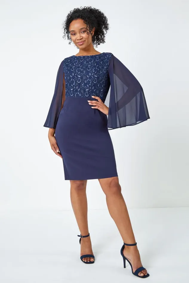 Navy Petite Lace Chiffon Cape Sleeve Dress Women Roman Dresses