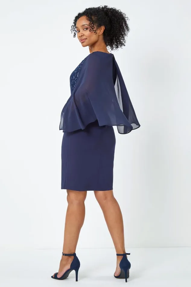 Navy Petite Lace Chiffon Cape Sleeve Dress Women Roman Dresses