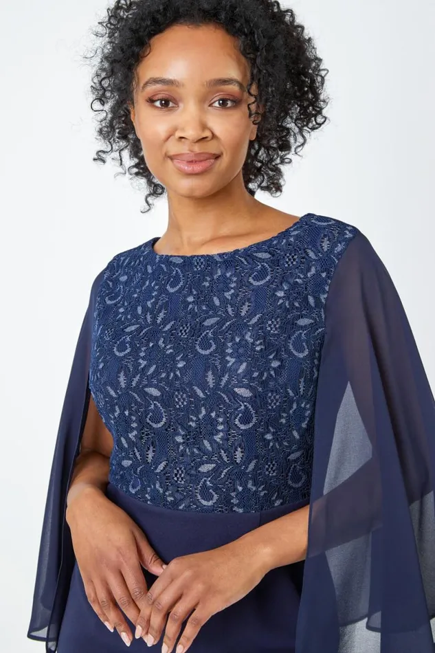 Navy Petite Lace Chiffon Cape Sleeve Dress Women Roman Dresses