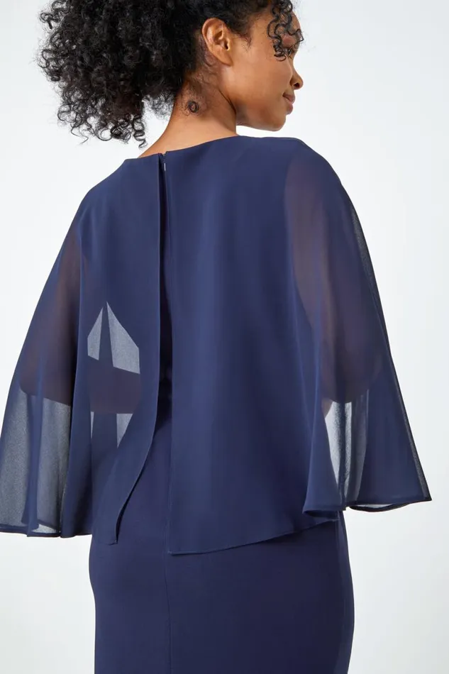 Navy Petite Lace Chiffon Cape Sleeve Dress Women Roman Dresses