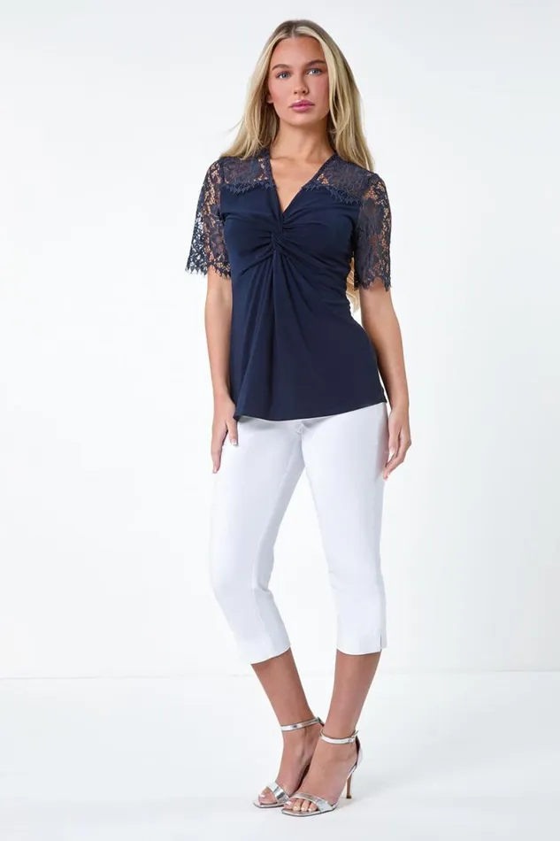 Navy Petite Lace Twist Front Stretch Top Women Roman Tops