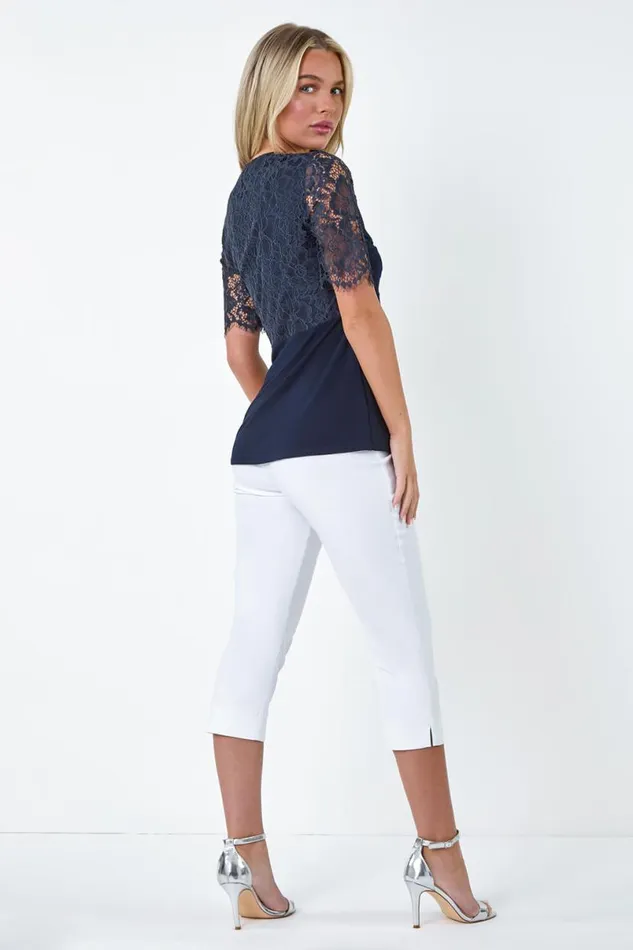 Navy Petite Lace Twist Front Stretch Top Women Roman Tops