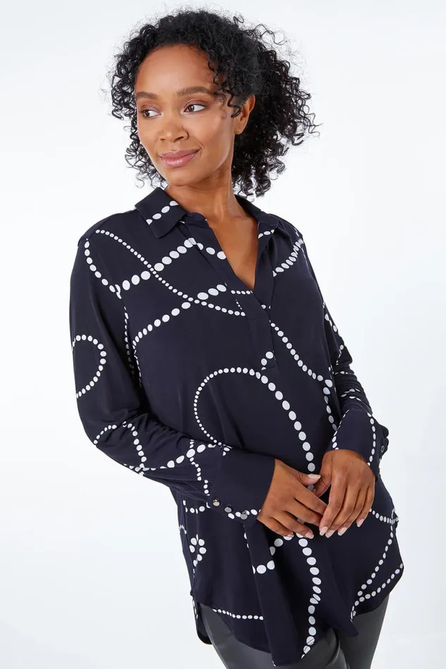 Navy Petite Linear Spot Print Jersey Shirt Women Roman Tops
