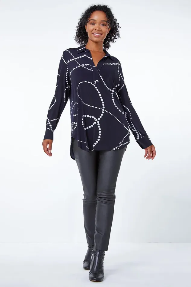 Navy Petite Linear Spot Print Jersey Shirt Women Roman Tops