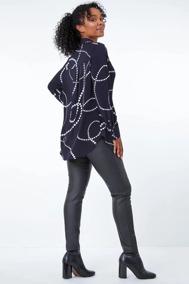 Navy Petite Linear Spot Print Jersey Shirt Women Roman Tops