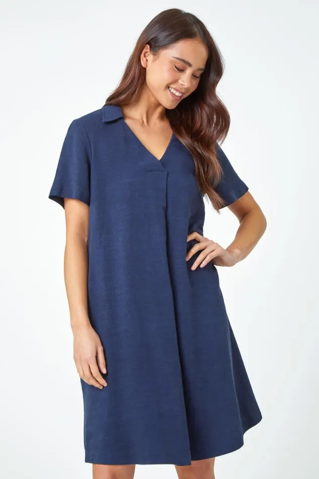 Navy Petite Linen Blend Pocket Tunic Dress Women Roman Dresses
