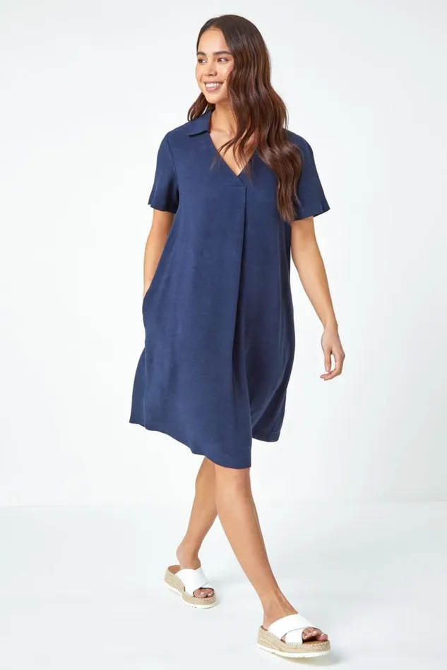 Navy Petite Linen Blend Pocket Tunic Dress Women Roman Dresses