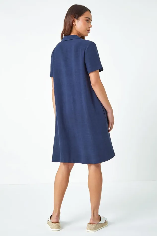 Navy Petite Linen Blend Pocket Tunic Dress Women Roman Dresses