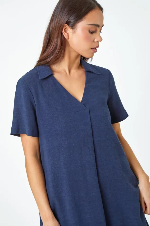 Navy Petite Linen Blend Pocket Tunic Dress Women Roman Dresses