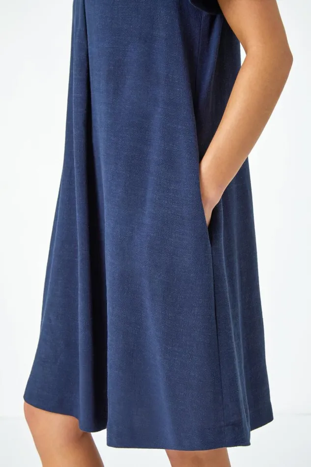 Navy Petite Linen Blend Pocket Tunic Dress Women Roman Dresses