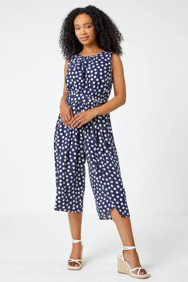 Navy Petite Polka Dot Cropped Jumpsuit Women Roman Dresses