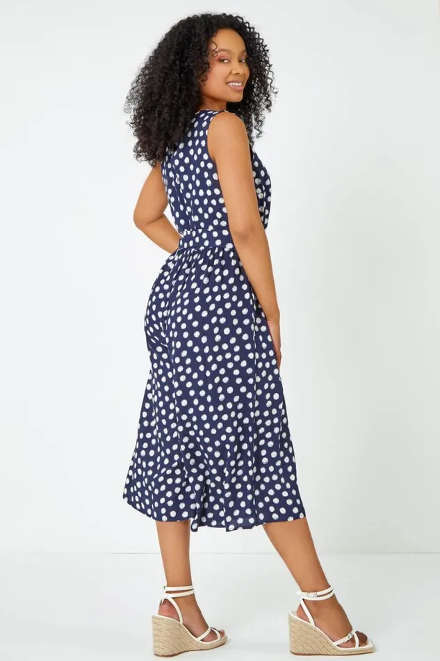 Navy Petite Polka Dot Cropped Jumpsuit Women Roman Dresses