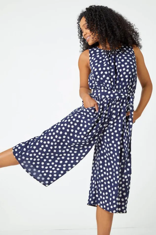 Navy Petite Polka Dot Cropped Jumpsuit Women Roman Dresses