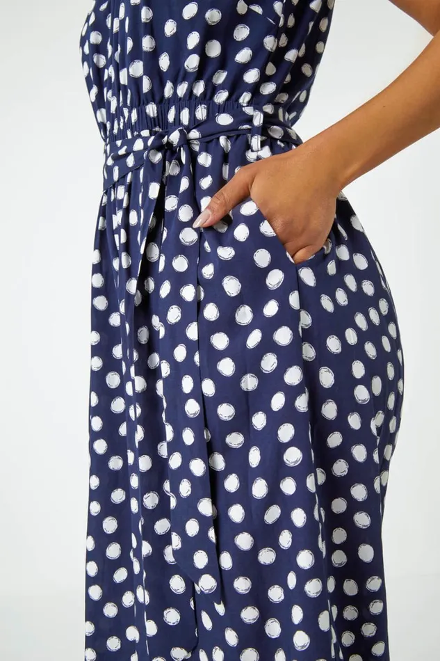 Navy Petite Polka Dot Cropped Jumpsuit Women Roman Dresses