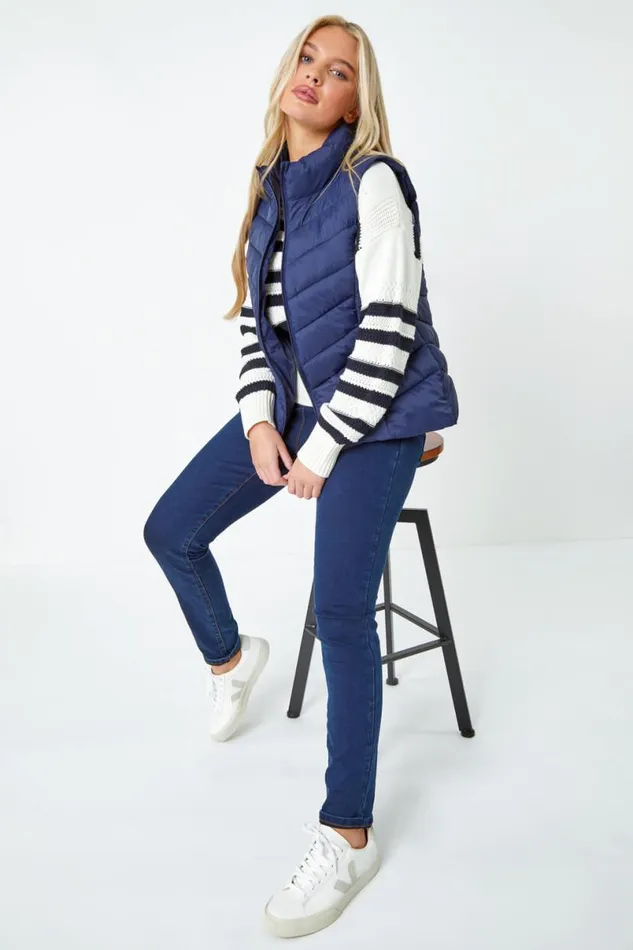 Navy Petite Quilted Padded Gilet Women Roman Coats