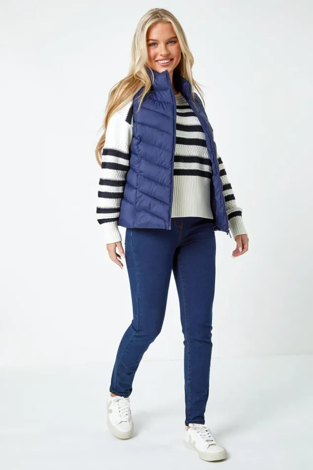 Navy Petite Quilted Padded Gilet Women Roman Coats
