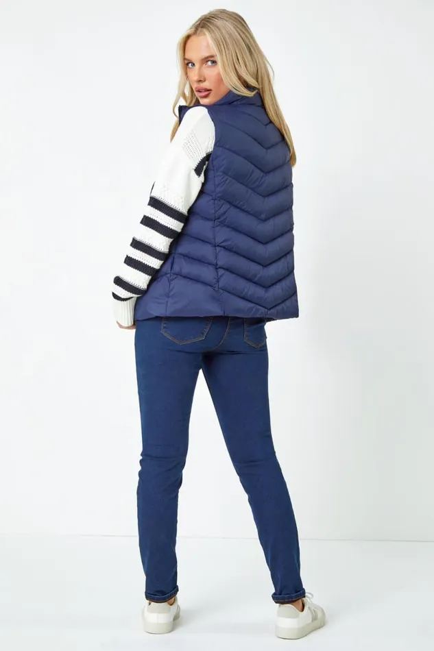 Navy Petite Quilted Padded Gilet Women Roman Coats