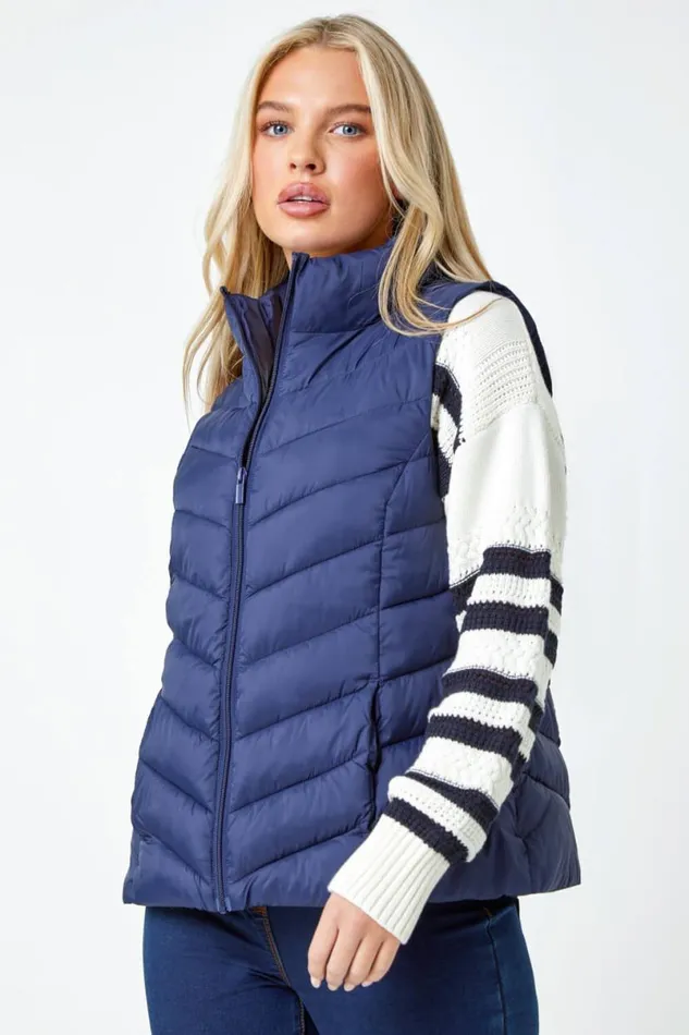 Navy Petite Quilted Padded Gilet Women Roman Coats