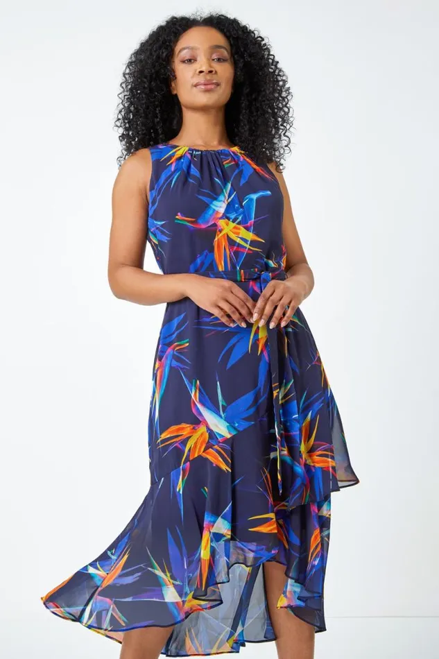 Navy Petite Sleeveless Frill Hem Midi Dres Women Roman Dresses