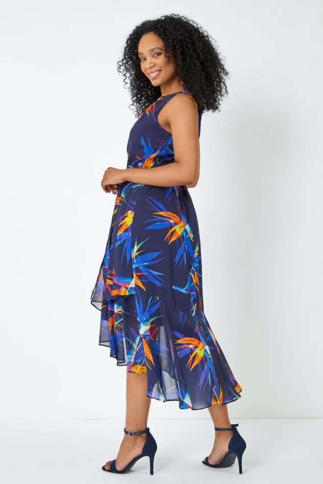 Navy Petite Sleeveless Frill Hem Midi Dres Women Roman Dresses