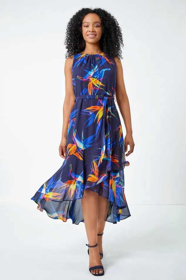 Navy Petite Sleeveless Frill Hem Midi Dres Women Roman Dresses