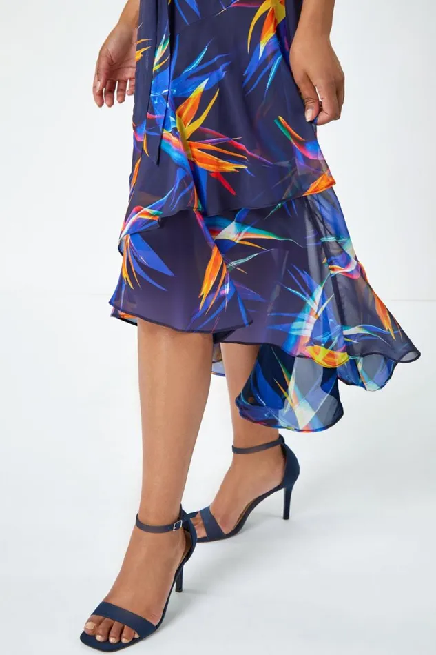 Navy Petite Sleeveless Frill Hem Midi Dres Women Roman Dresses