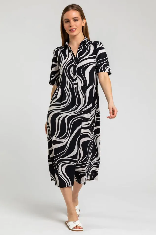 Navy Petite Swirl Print Shirt Dress Women Roman Dresses