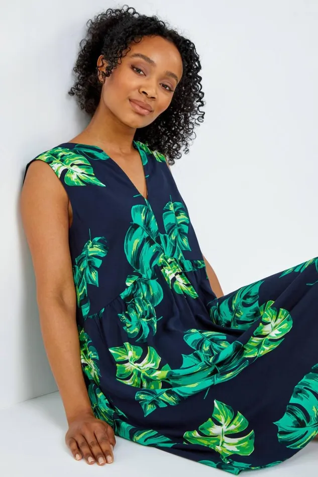 Navy Petite Tropical Print Smock Dress Women Roman Dresses
