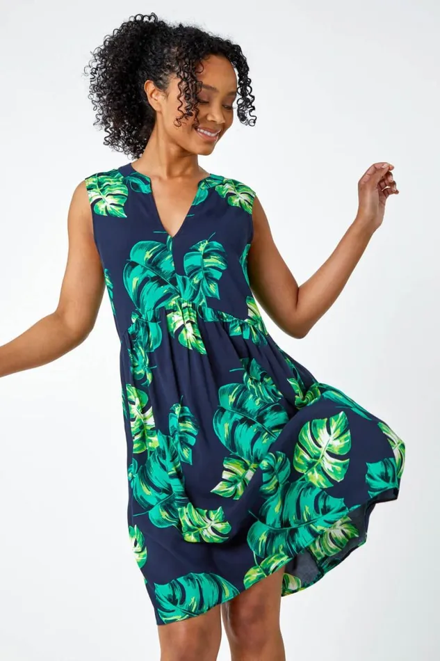 Navy Petite Tropical Print Smock Dress Women Roman Dresses