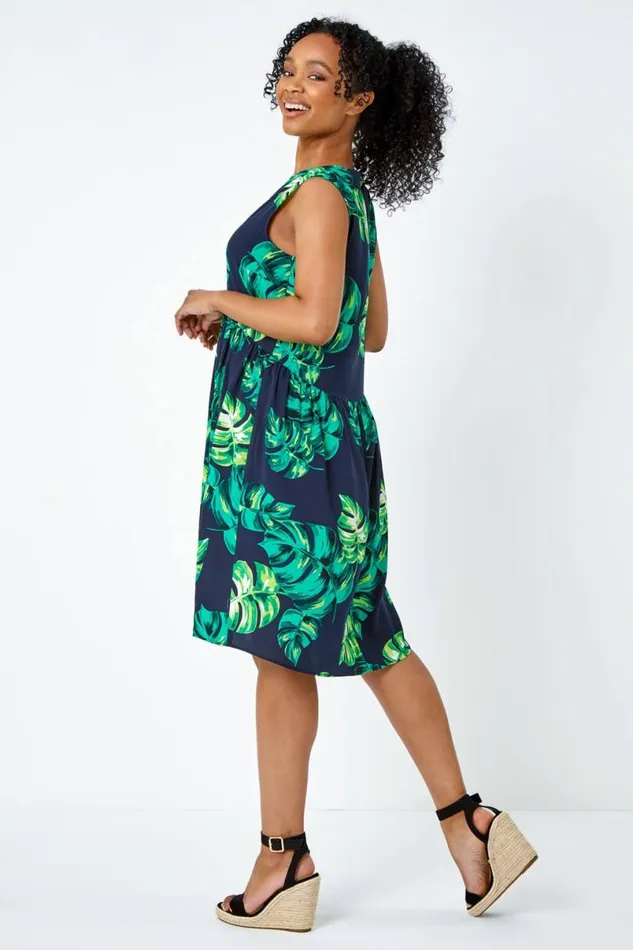 Navy Petite Tropical Print Smock Dress Women Roman Dresses
