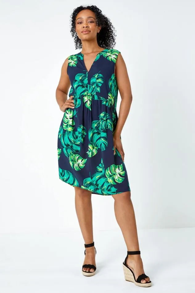 Navy Petite Tropical Print Smock Dress Women Roman Dresses