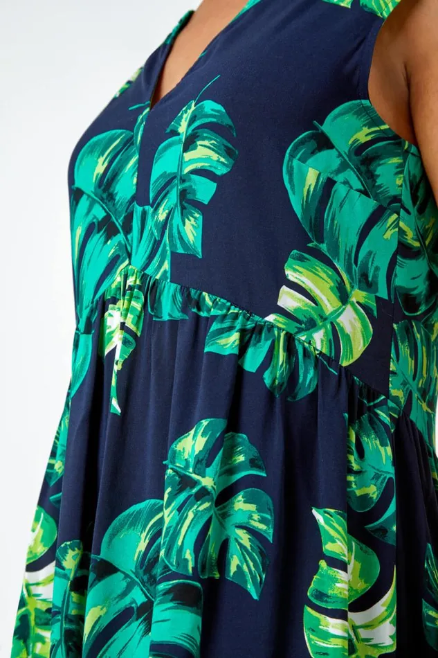 Navy Petite Tropical Print Smock Dress Women Roman Dresses