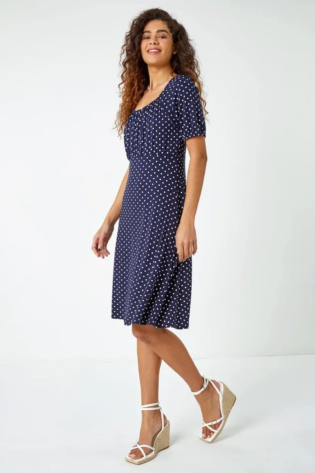 Navy Polka Dot Print Stretch Dress Women Roman Dresses