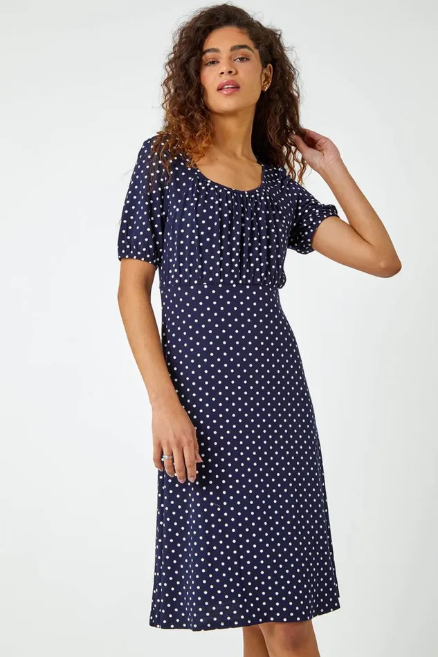 Navy Polka Dot Print Stretch Dress Women Roman Dresses