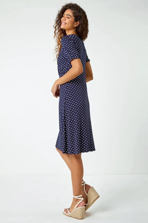 Navy Polka Dot Print Stretch Dress Women Roman Dresses