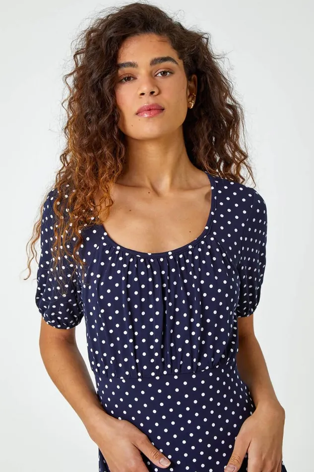 Navy Polka Dot Print Stretch Dress Women Roman Dresses