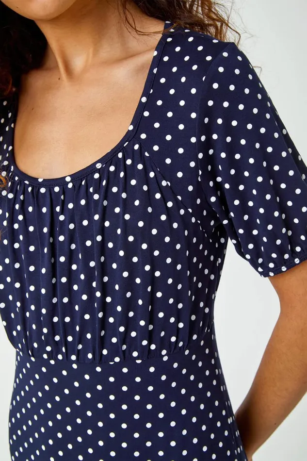 Navy Polka Dot Print Stretch Dress Women Roman Dresses