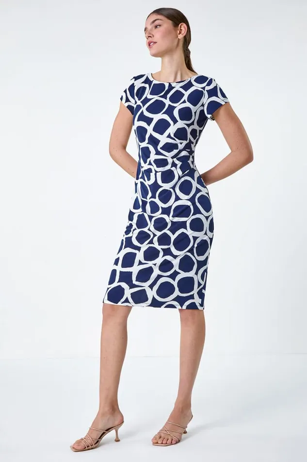 Navy Ring Print Gathered Stretch Dress Women Roman Dresses