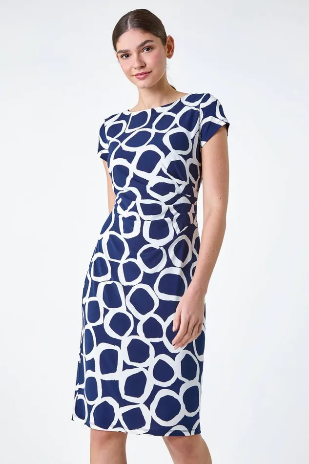 Navy Ring Print Gathered Stretch Dress Women Roman Dresses