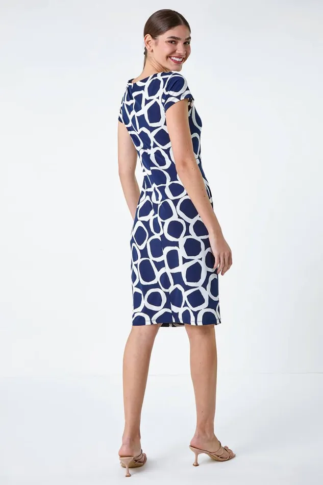 Navy Ring Print Gathered Stretch Dress Women Roman Dresses