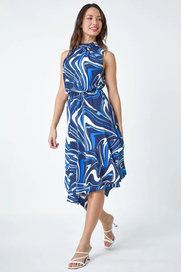 Navy Sleeveless Swirl Print Midi Dress Women Roman Dresses
