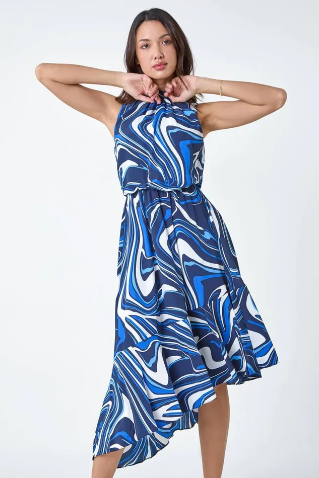 Navy Sleeveless Swirl Print Midi Dress Women Roman Dresses