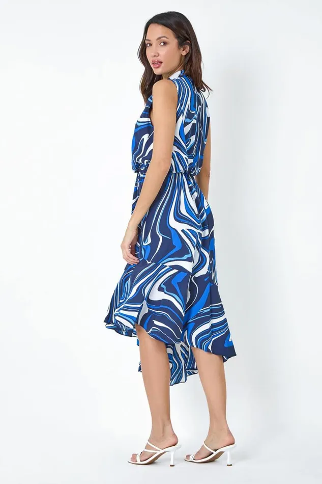 Navy Sleeveless Swirl Print Midi Dress Women Roman Dresses