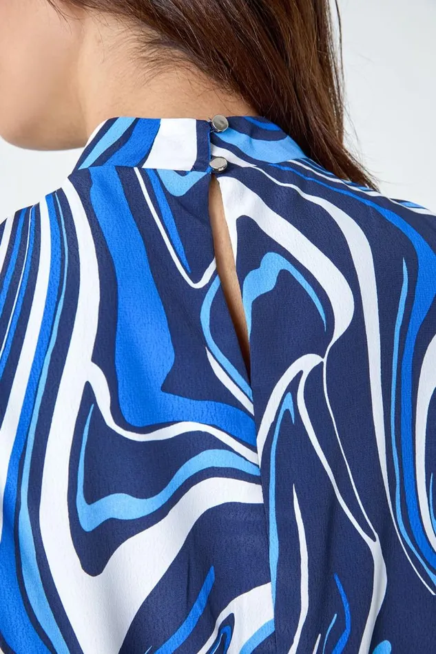 Navy Sleeveless Swirl Print Midi Dress Women Roman Dresses