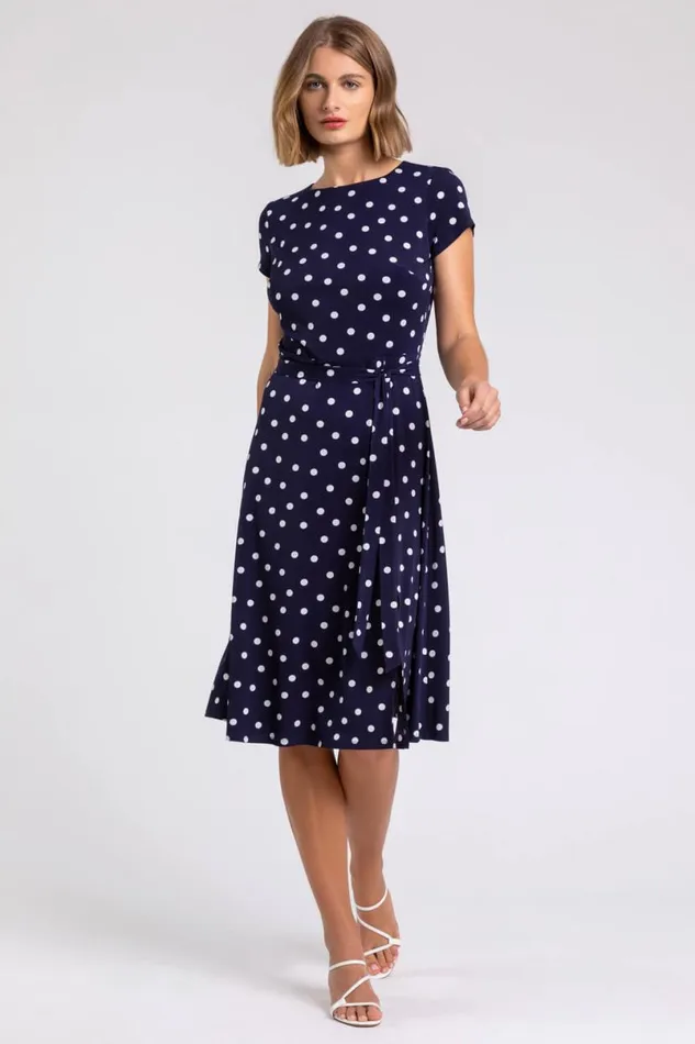 Navy Spot Print Jersey Stretch Dress Women Roman Dresses