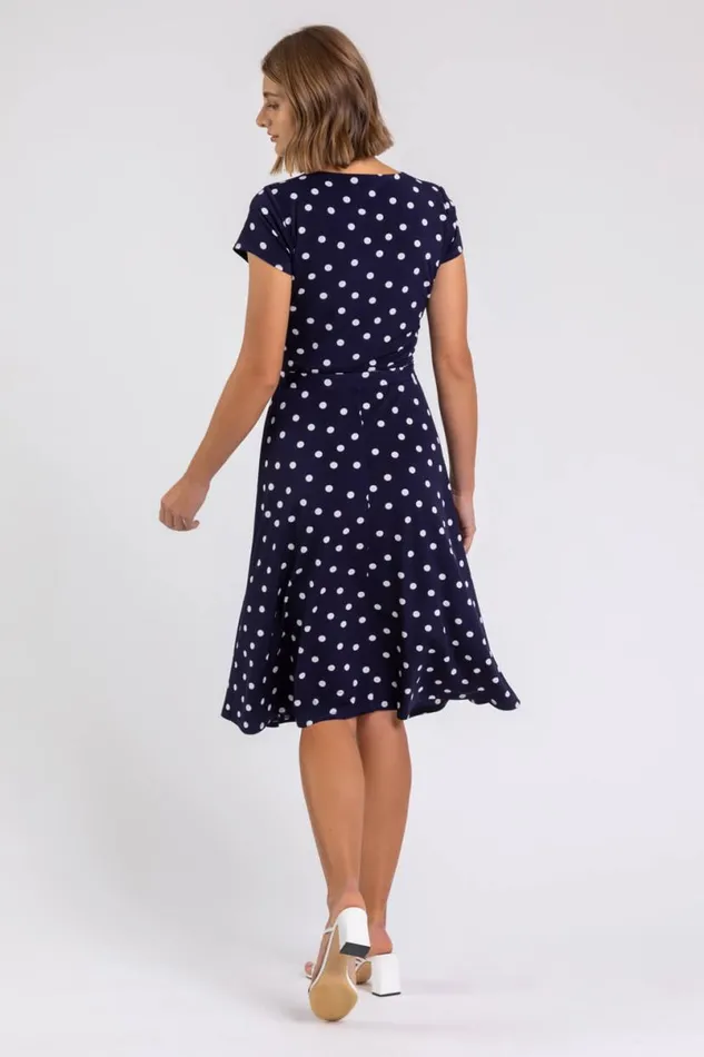 Navy Spot Print Jersey Stretch Dress Women Roman Dresses