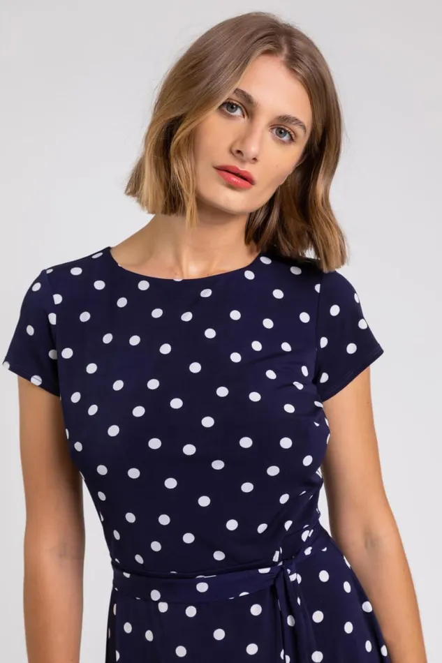 Navy Spot Print Jersey Stretch Dress Women Roman Dresses