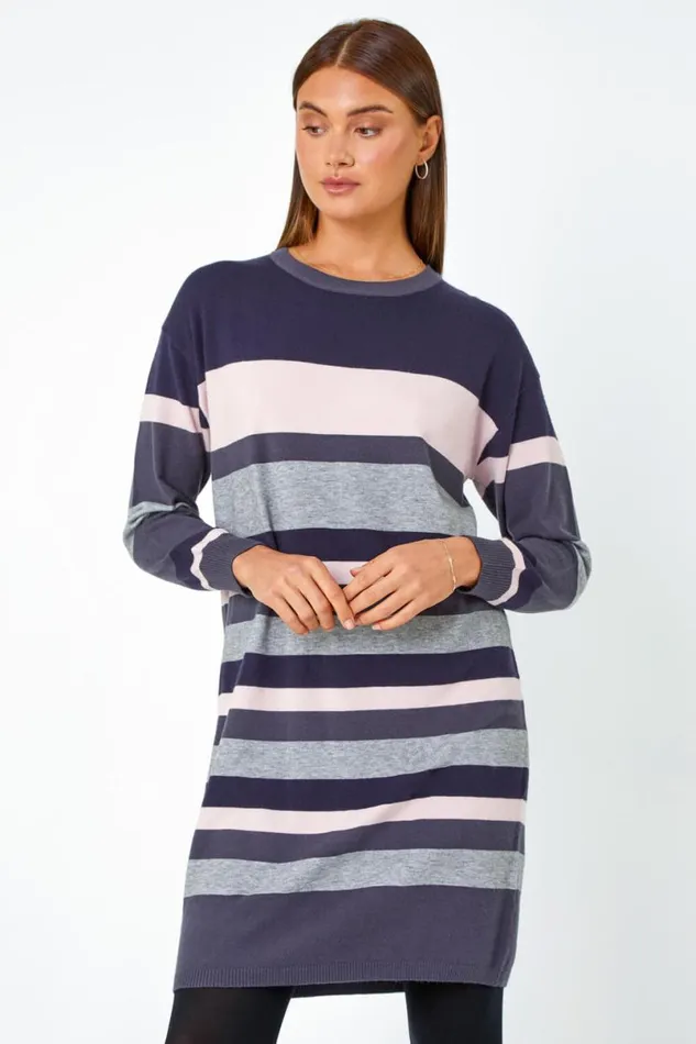 Navy Stripe Print Knitted Jumper Dress Women Roman Dresses